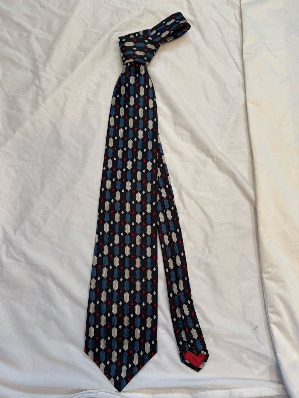 Classic Venicci blue, white, and red geometric patterned tie #geometric #formal
